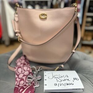 Coach Willow Soft Bucket Bag in Blush/Brass WITH pony scarf and bow charm